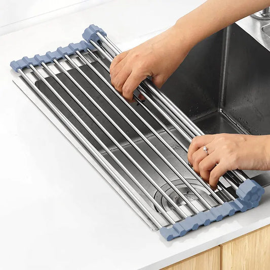 Over the Sink Dish Drying Rack, Roll up Dish Drying Rack Kitchen Dish Rack Stainless Steel Sink Drying Rack, Foldable Dish Drainer, Gray Organiser Mount Set